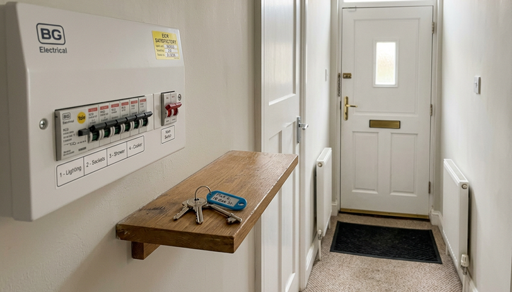 Eye-level view of a small rental home entrance with keys beside a modern consumer unit