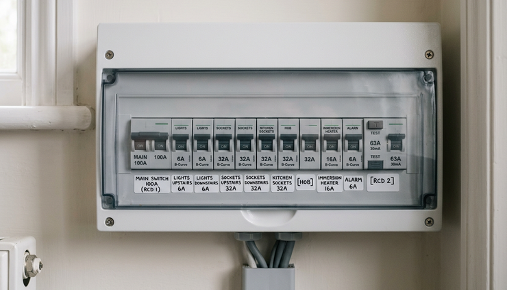 Close-up view of a domestic consumer unit with labelled switches in a hallway