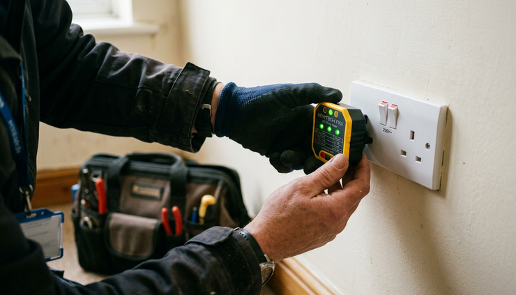 Close-up view of an electrician testing a wall socket in a rented flat