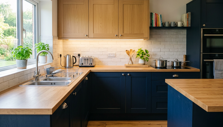 Wide-angle view of a cosy kitchen with visible sockets and under-cabinet lighting.