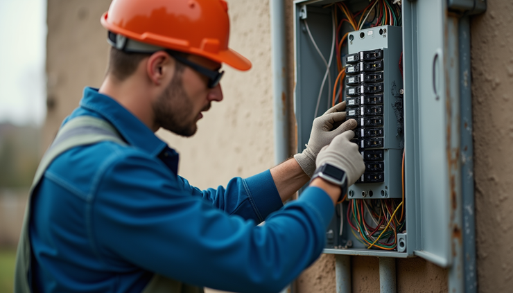 Eye-level view of an electrician working on a residential fuse box