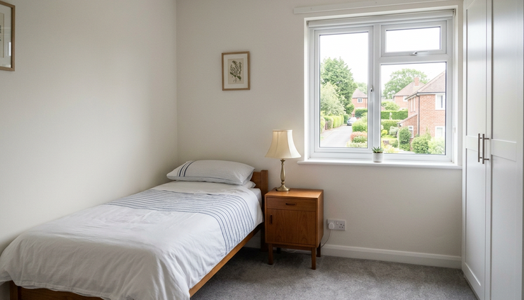 Eye-level view of a spare bedroom with a bedside lamp and visible wall socket