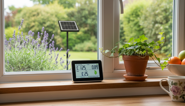 Eye-level view of a smart meter near a sunny kitchen window
