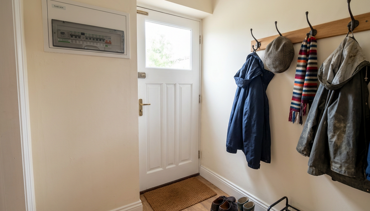 Wide-angle view of a tidy hallway with an accessible consumer unit.
