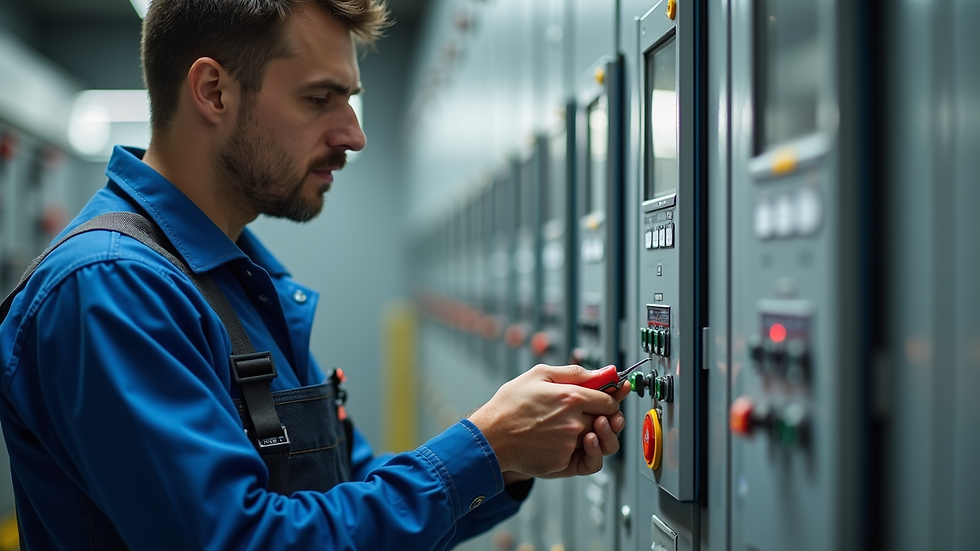 Close-up view of an electrician testing industrial electrical control panels