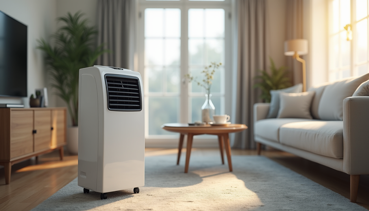 Eye-level view of a portable air conditioner unit placed in a living room corner