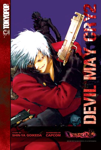 Cover for Devil May Cry Volume 2 - the title 'Devil May Cry 2' runs vertically up the right hand side of the cover and the publisher 'TokyoPop' runs up the left hand side. Centered in the cover is Date, who has his head down towards the reader with a devilish grin on his face. He wields his handguns, Ebony and Ivory. Behind him stands an omnious figure dressed all in black with red eyes, whos face cannot be seen.