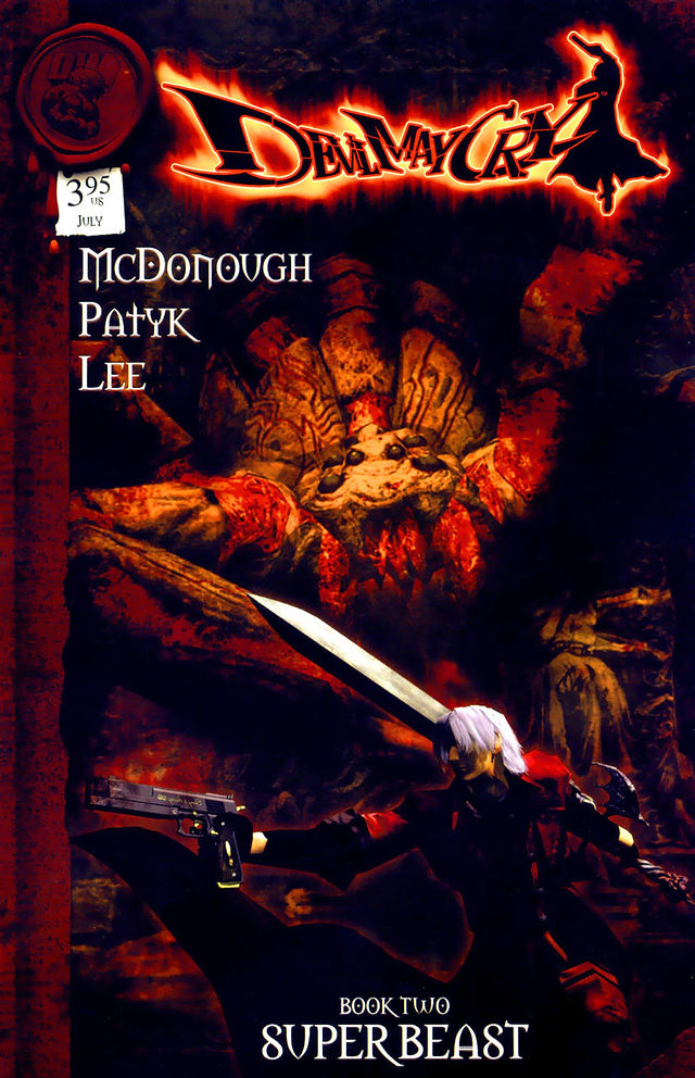 Devil May Cry: Book Two - Superbeast, Benjamin Lee Cover. Dante stands in the foreground, facing to the left. We see him holding his sword over his shoulder and aiming a pistol with his right hand. In the background looming over Dante, is the spider demon lord, Phantom.