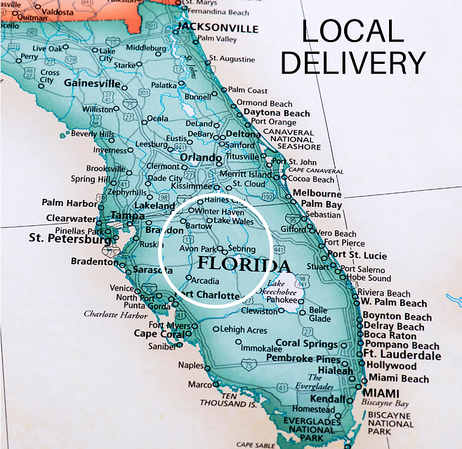 Map of local delivery area for Tiki Unique tiki bars. 50 mile radius of Avon Park, FL