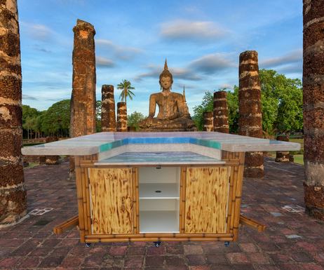 Custom made tiki bar with beach and ocean waves epoxy resin art bar top with an Asian shrine backdrop