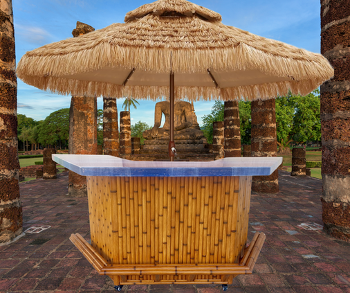 Bamboo tiki bar with footrail, blue epoxy resin art bar top and umbrella, set against an Asian shrine backdrop 