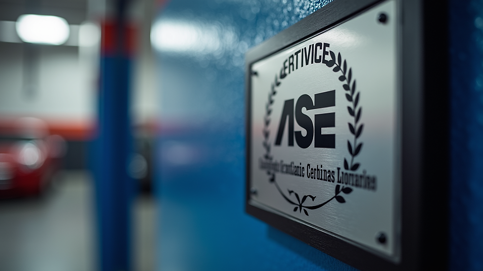 Close-up view of ASE certification plaque displayed on a garage wall