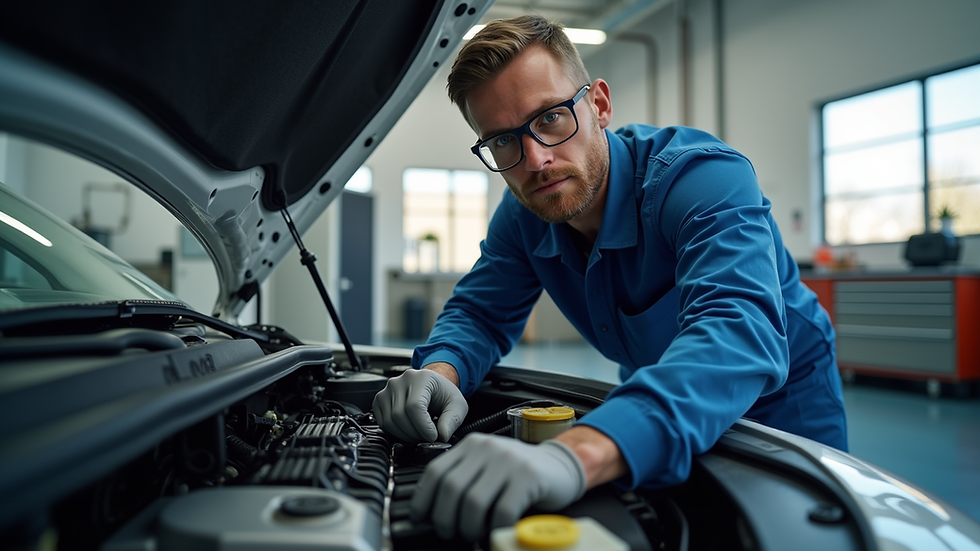 Eye-level view of a mechanic inspecting a car engine in a clean garage
