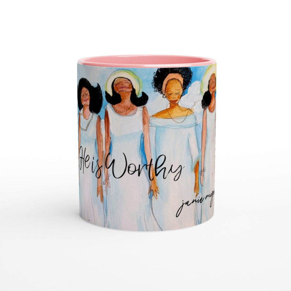 He is Worthy by Janie McGee. Rapture White 11oz Ceramic Mug with Color Inside