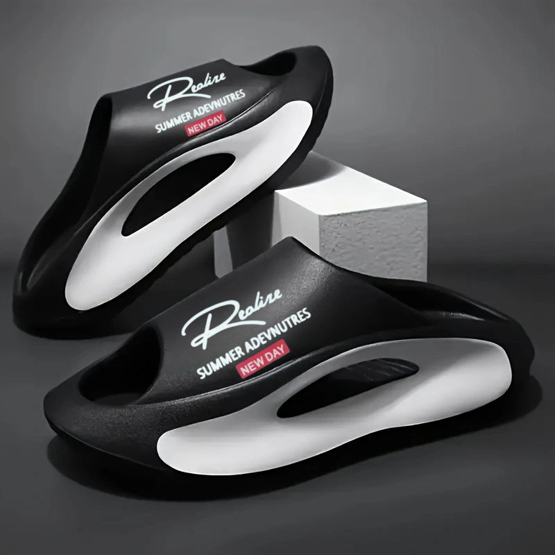 Miniatura: Lightweight EVA men's slide | Black and white cartoon design, exposed toes, comf