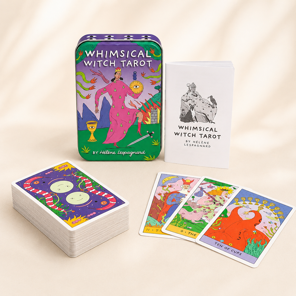 Whimsical Witch Tarot in a Tin by Hélène Lespagnard featuring colorful tarot cards, guidebook, and vibrant hand-drawn artwork