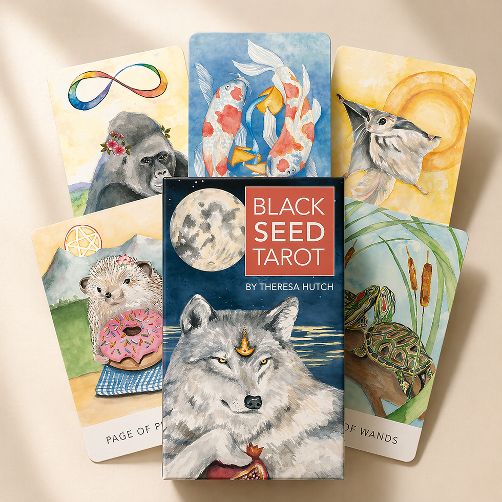 Black Seed Tarot deck by Theresa Hutch featuring watercolor animal illustrations with tarot cards displayed behind the box se