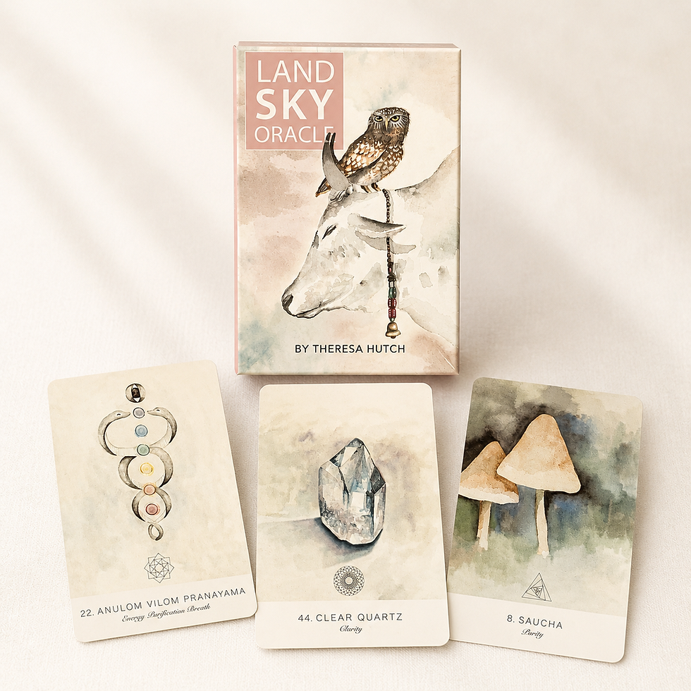 Land Sky Oracle deck by Theresa Hutch with watercolor oracle cards featuring clear quartz, mushrooms, and energy purification