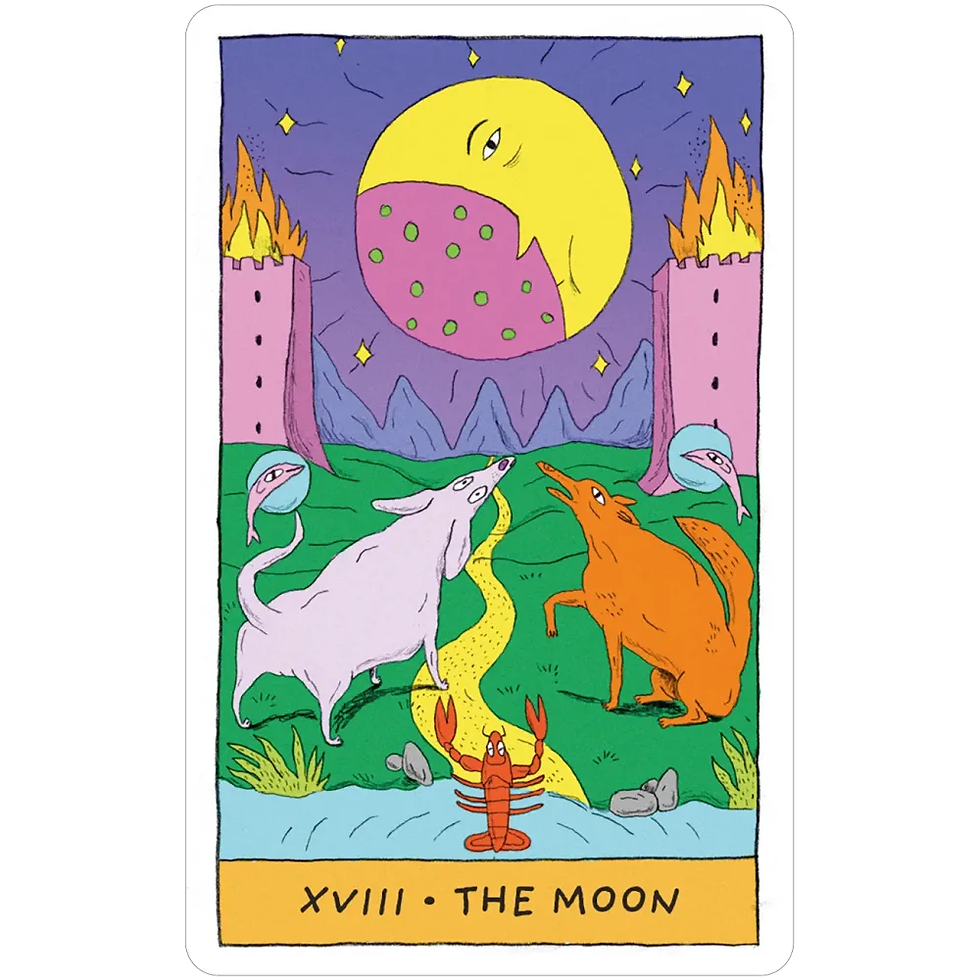 Thumbnail: Tarot The Moon card showing two animals howling beneath a surreal moon between burning towers in a dreamlike landscape