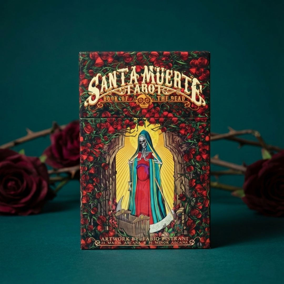Santa Muerte Tarot box with vibrant skeletal artwork inspired by Mexican tradition, shown against a neutral backdrop.