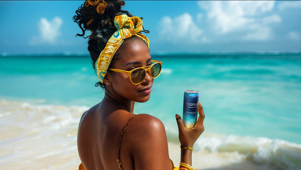 Woman with yellow sunglasses and headscarf holds a CORUS Sparkling Rum Punch. She's on a sunny beach with turquoise water.