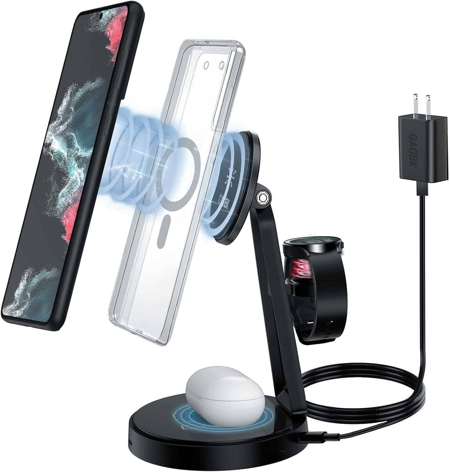 3-in-1 wireless charger with phone, watch, and earbuds