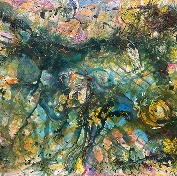 Abstract painting with sea weed in blue and strings of pink and red titled Bolinas Tide Pools by Sarn Oliver 