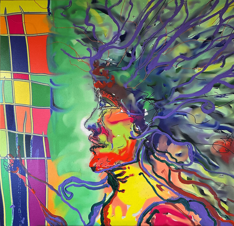 Representative painting of an Indian head with symbolic brain electron connections to the universe titled The Thinker by Sarn Oliver