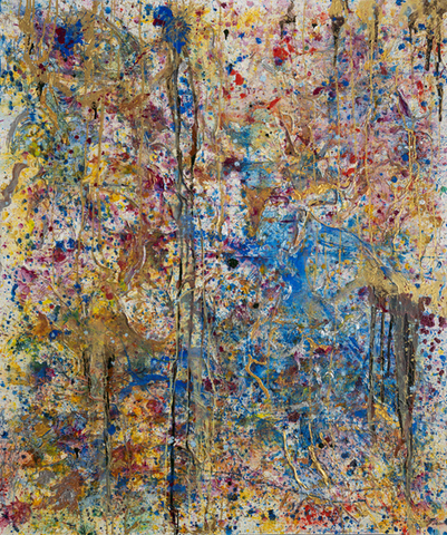 Abstract painting with 8 or so vertical black lines in 2 locations over splatters of blues, purple, red, yellow and greens titled Woven Harmonies by Sarn Oliver 