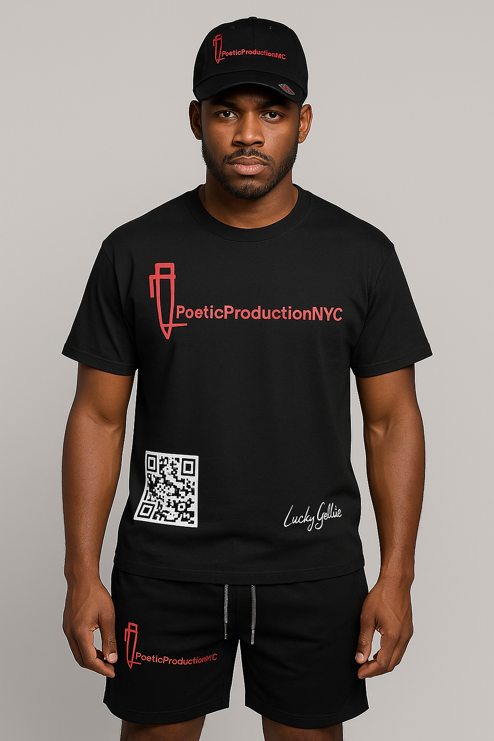 Thumbnail: Poetic Production NYC Black Sweat Shorts – Red Embroidery