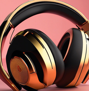 Black and gold headphones resting with red background โ symbolizing music production and poetic audio fusion