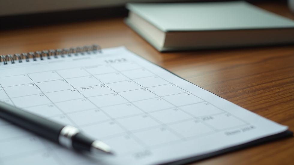 Close-up view of a calendar and a pen on a wooden desk