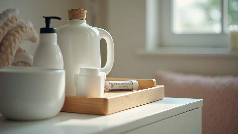 Close-up view of a well-organized breastfeeding station with essentials neatly arranged