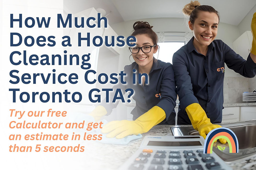 Two Enjoy's Cleaners and a Calculator written How Much Does a House Cleaning Service Cost in Toronto GTA? Try our Free Calculator