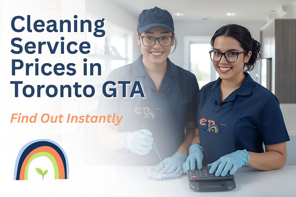 Two Cleaners wearing Dark Blue Enjoy Uniform written Cleaning Service Prices in Toronto GTA