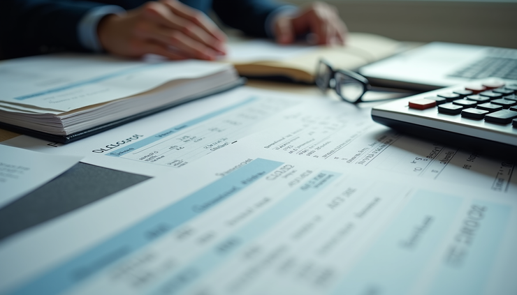 Eye-level view of a cluttered desk with receipts, invoices, and a calculator