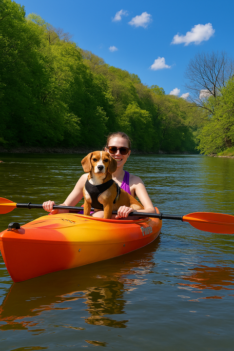 Woman in a kayak with her dog