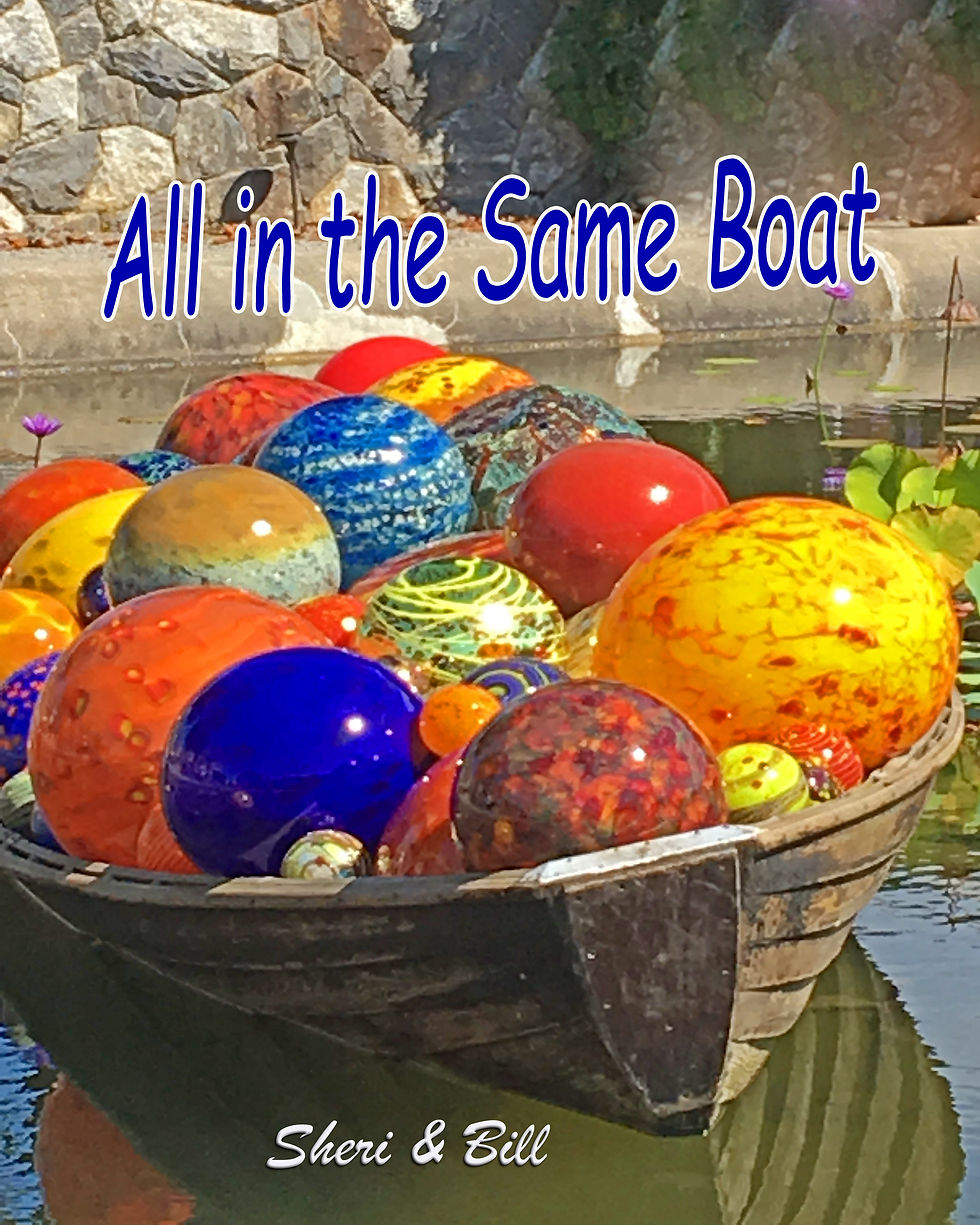 Chihuly balls floating in a boat in a pond with caption All In The Same Boat - Sheri & Bill (Original Photography by Sheri & Bill)