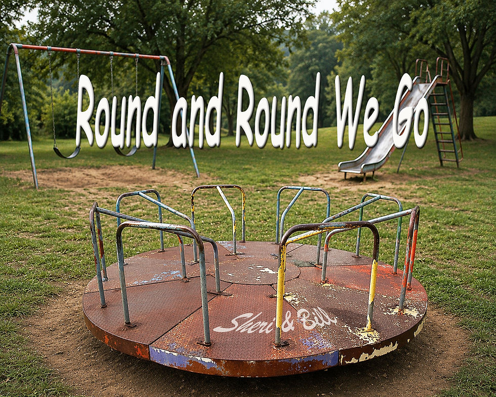 Image of playground Merry go round. Text on image is Round and Round we Go. (original photography by Sheri & Bill)