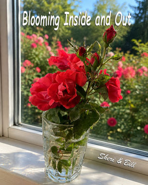 Image of knockout roses in a vase in front of a window that looks out to a garden of more knockout roses. text on image is Blooming Inside and Out. (original photography by Sheri & Bill)