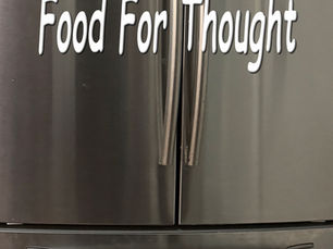 Image of refrigerator doors with Food for Thought written on them. original photography by Sheri & Bill