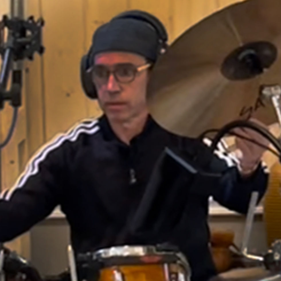 Brian Bariszu recording drums and percussion with Sheri & Bill