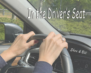 image of hands on steering wheel. text on image says in the driver's seat (original photography by Sheri & Bill)