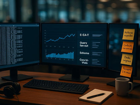 Close hiper-realista sobre a bancada de um analista de SEO numa redação moderna: três monitores mostram (1) log de rastreadores rolando, (2) gráficos de tráfego orgânico e (3) painel de desempenho com “E-E-A-T”, “query fan-out”, schema marcado. Pós-its com “Melhores respostas” e “Conteúdo não-commodity”. Bokeh da redação ao fundo, luz de telas azulada.