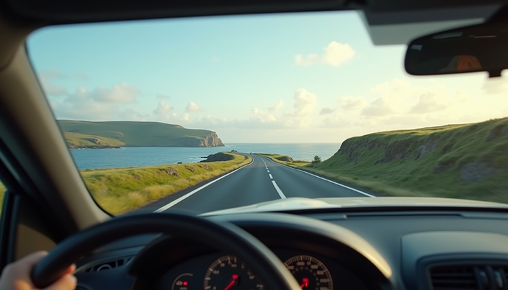 Eye-level view of a scenic coastal road in Ireland with a private car driving along the cliffs