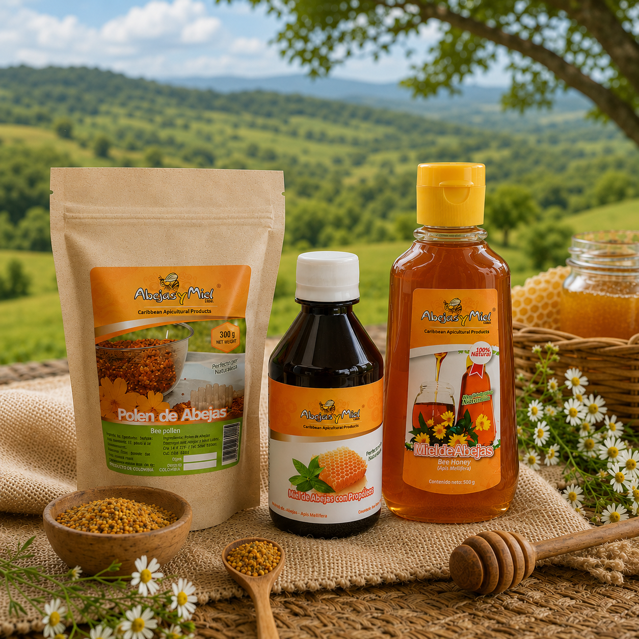 Kit de productos apícolas con miel pura multifloral, polen de abejas y miel con propóleos de origen Caribe Colombiano