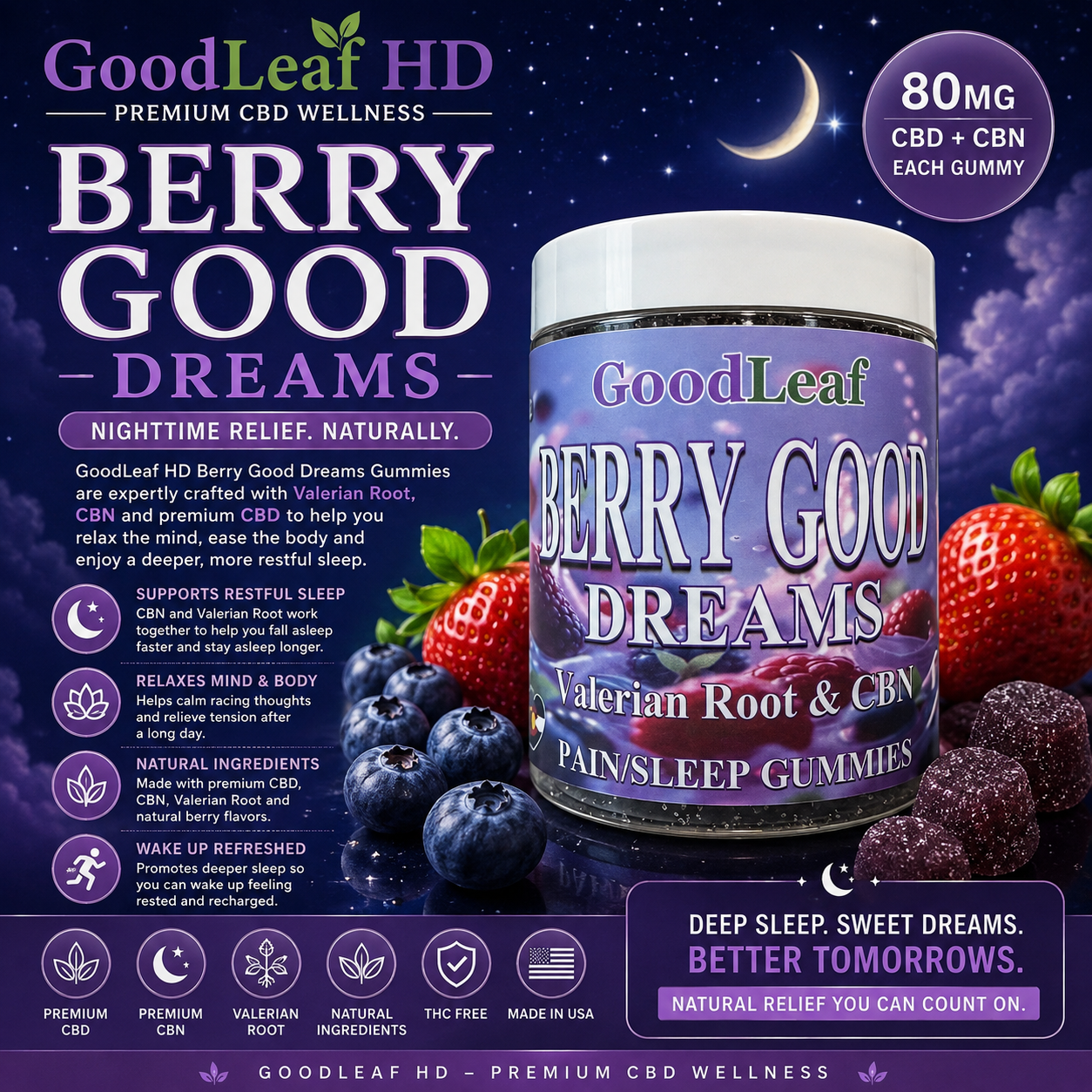 Berry Good Dreams 80mg each CBN & Valerian Root Sleep & Pain Gummies