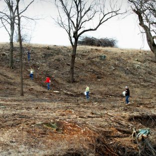 People spreading out along the hill to cover more area