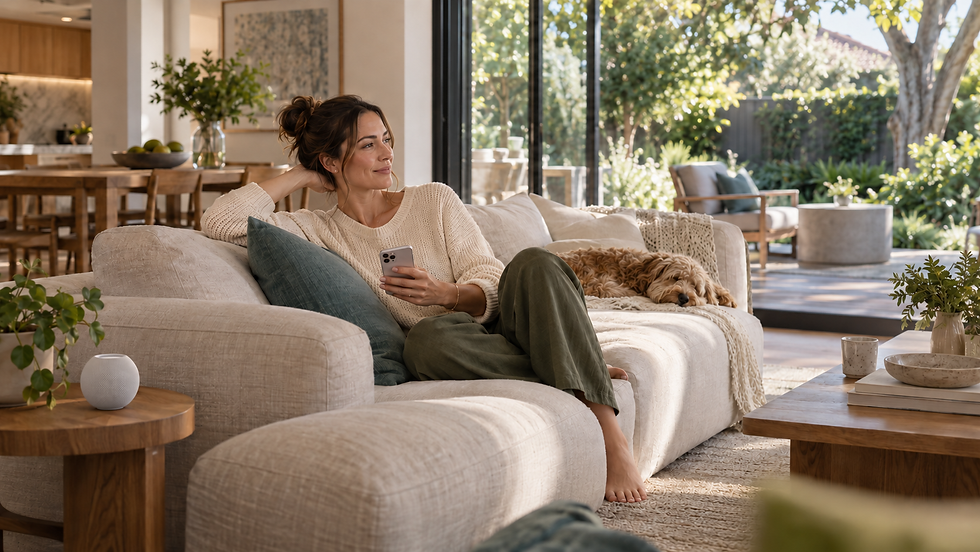 A relaxed morning in a light-filled Australian home, with a phone and smart speaker within reach.