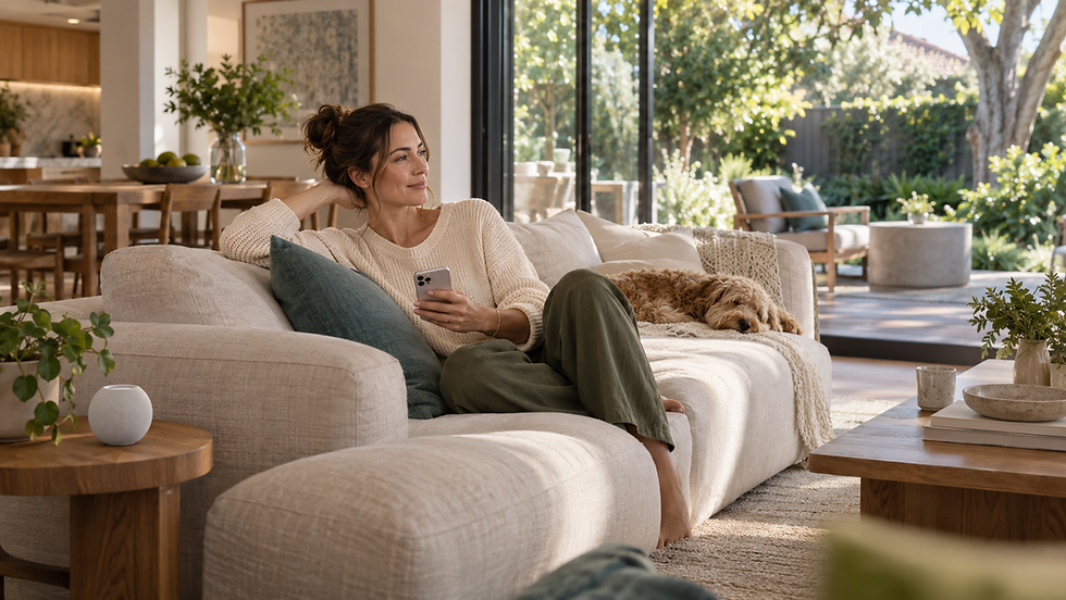 A relaxed morning in a light-filled Australian home, with a phone and smart speaker within reach.